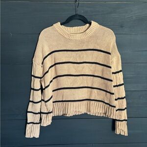 Quince Tan and Black Striped Boyfriend Crewneck Sweater XS NWOT